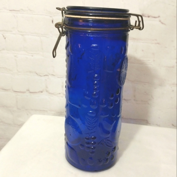 Vintage Cobalt Blue Glass Fruit Embossed Canister with Metal Hinged Lid 10" - Picture 5 of 10